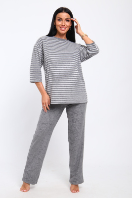 Костюм 375711 домашний махровый в полоску темно-серый