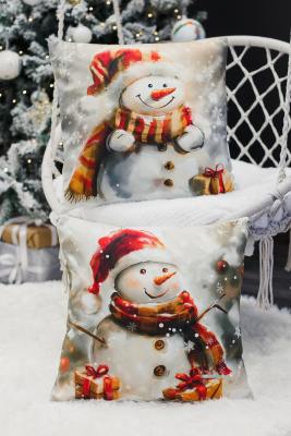 Наволочка декоративная новогодняя 2 шт 3D эффект велюр СнеговикиВкраснойШапке